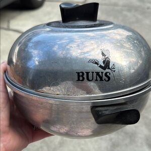 Antique Aluminum Bun Warmer with Black Handles